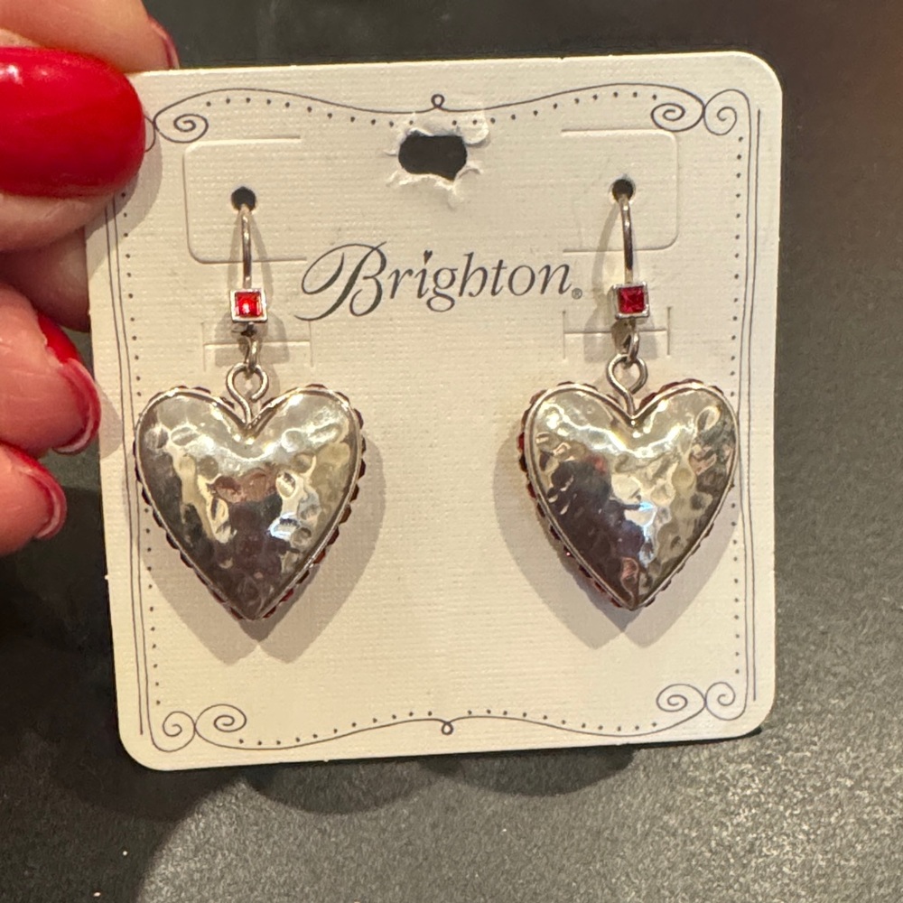 Brighton Spectrum Love hammered  Drop Earrings w Red Crystals